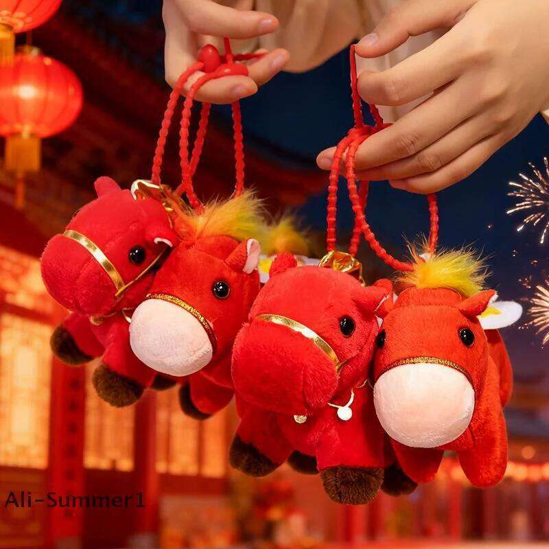 E1Pcs Blessing Message Doll Keychain Red Horse Plush Stuffed Toys Bag Pendant New Year Gift For Friends 26Y0116