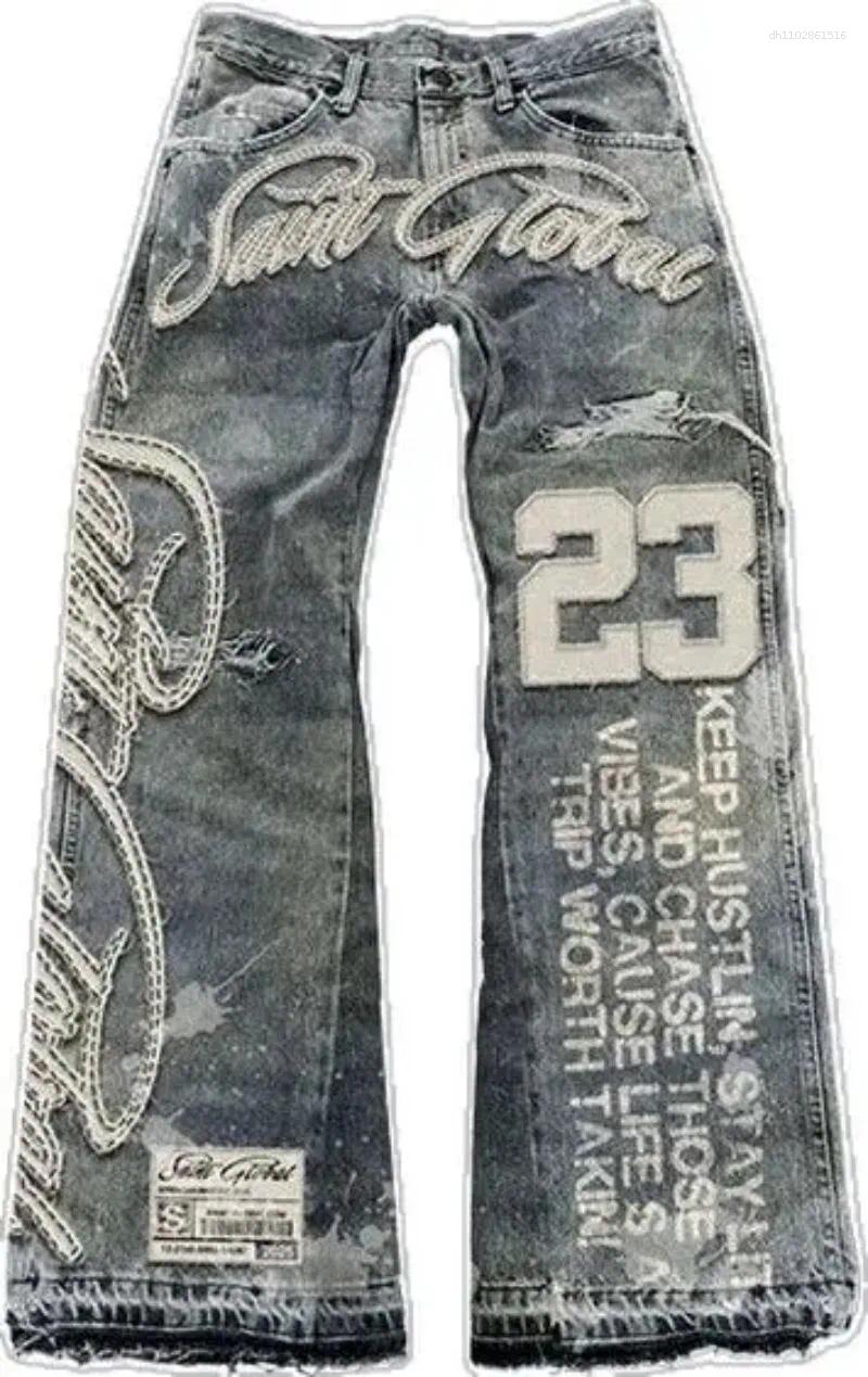 Men's Jeans High Street Y2k Men And Women Clothing Retro Hip Hop Letter Patch Embroidery Pants Gothic Fashion Mid Waist Wide Leg Baggy