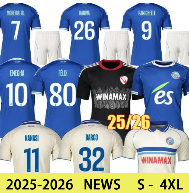 25 26 Maillots RC Strasbourg Alsace soccer jerseys EMEGHA maillot de foot SAHI DION 2025 2026 ANDREY SANTOS BELLEGARDE BAKWA SYLLA MARA football595636