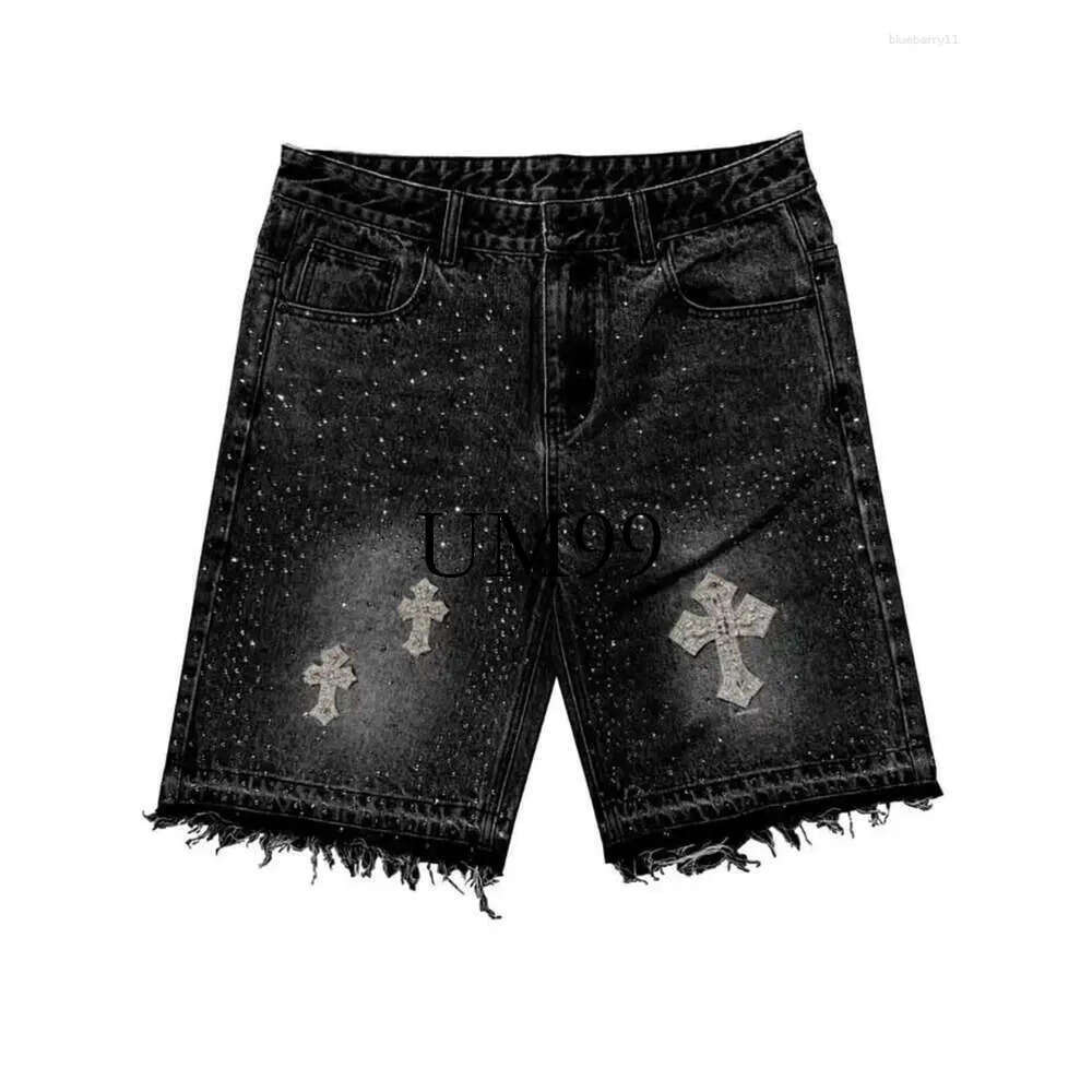 Chrome Shorts Denim Washed Designer Gothic Jeans Vintage Y2k Cross Pattern Rhinestone Harajuku Jorts Retro Black Hip Hop Loose High Street Wear E34