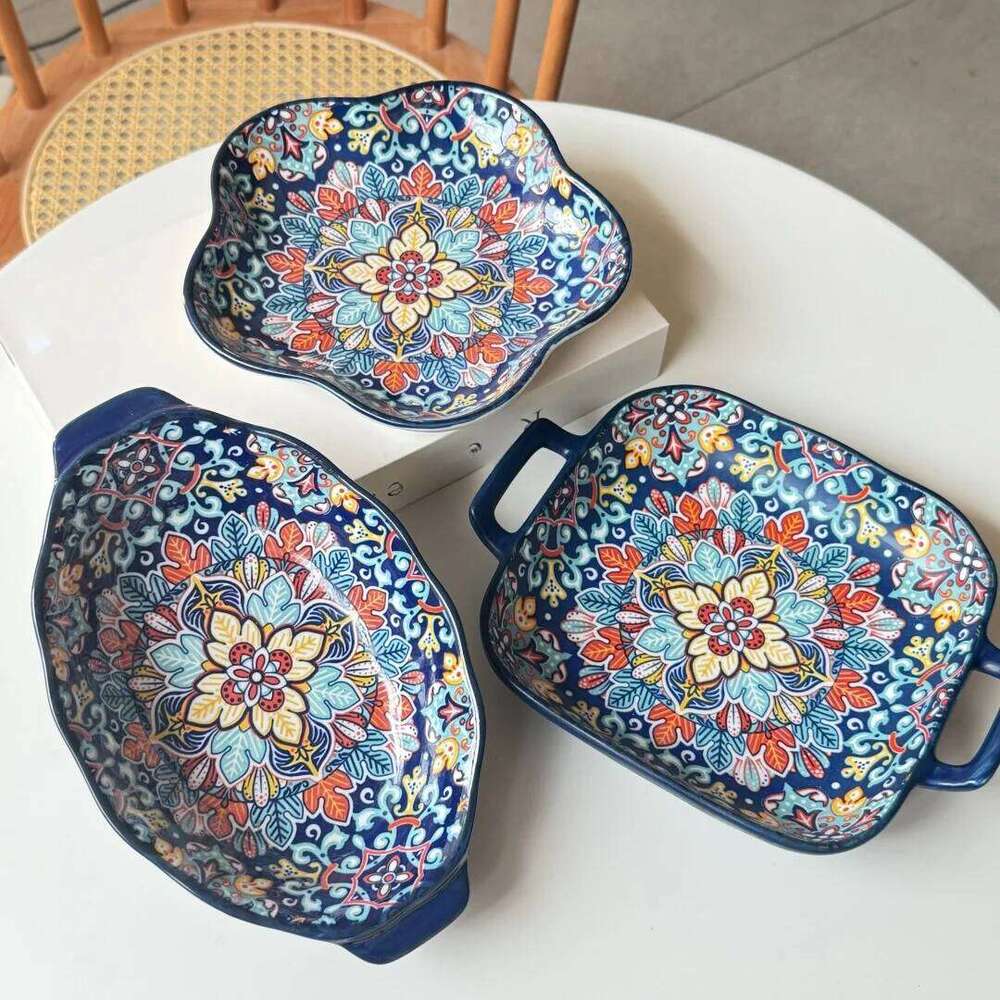 Bohemian ceramic set, double eared household steamed fish high value salad plate, cooking plate