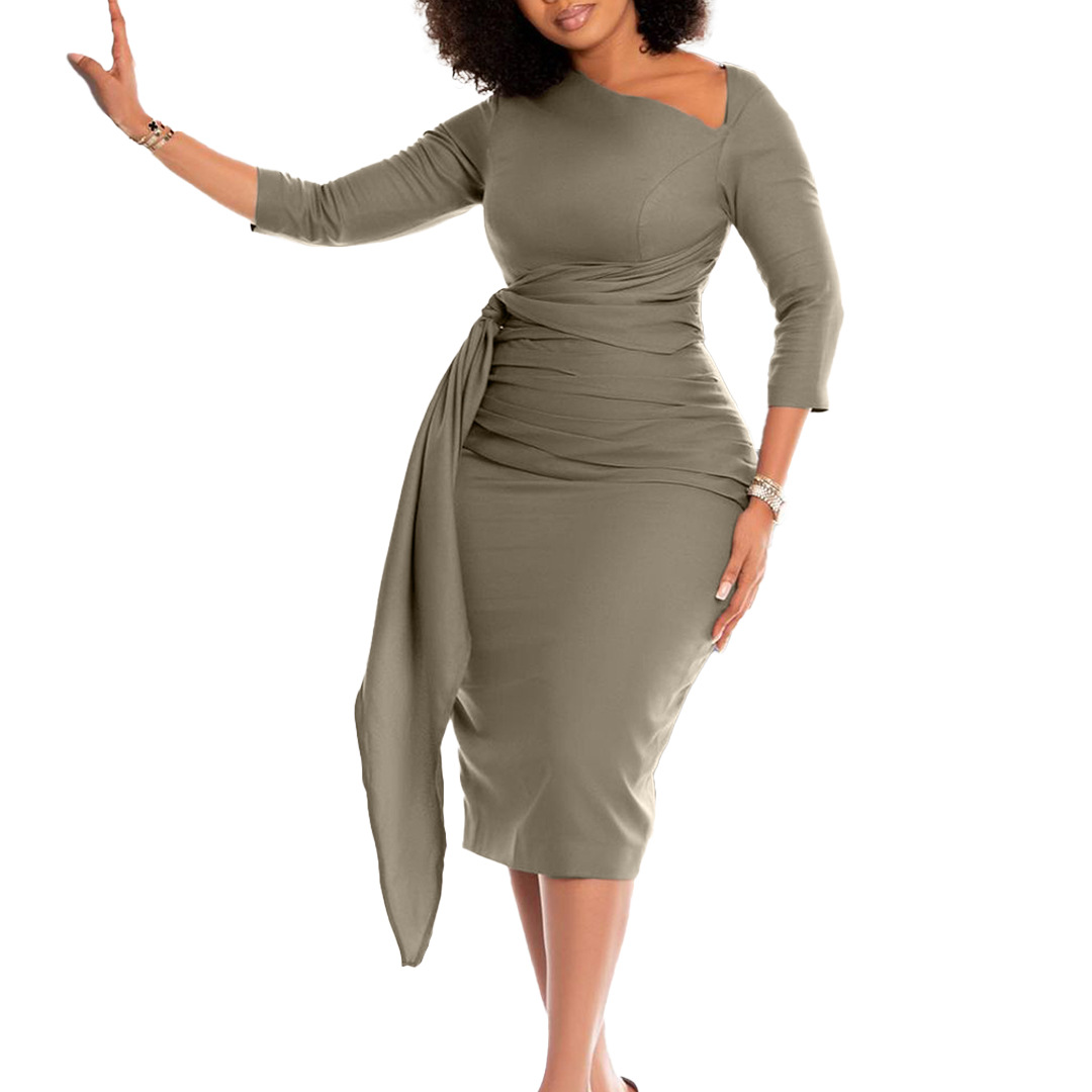 (614) Ladies' new style pleated straps solid color hip wrap professional OL temperament large size dress
