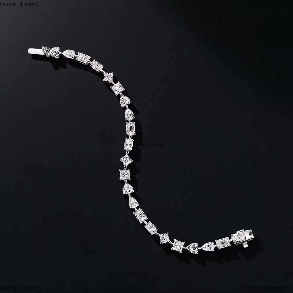 Shiny VVS Moissanite Mixed Cut Tennis Bracelet with Round Princess Baguette Gemstones 925 Silver 18k White Gold Plated Hip Hop Jewelry