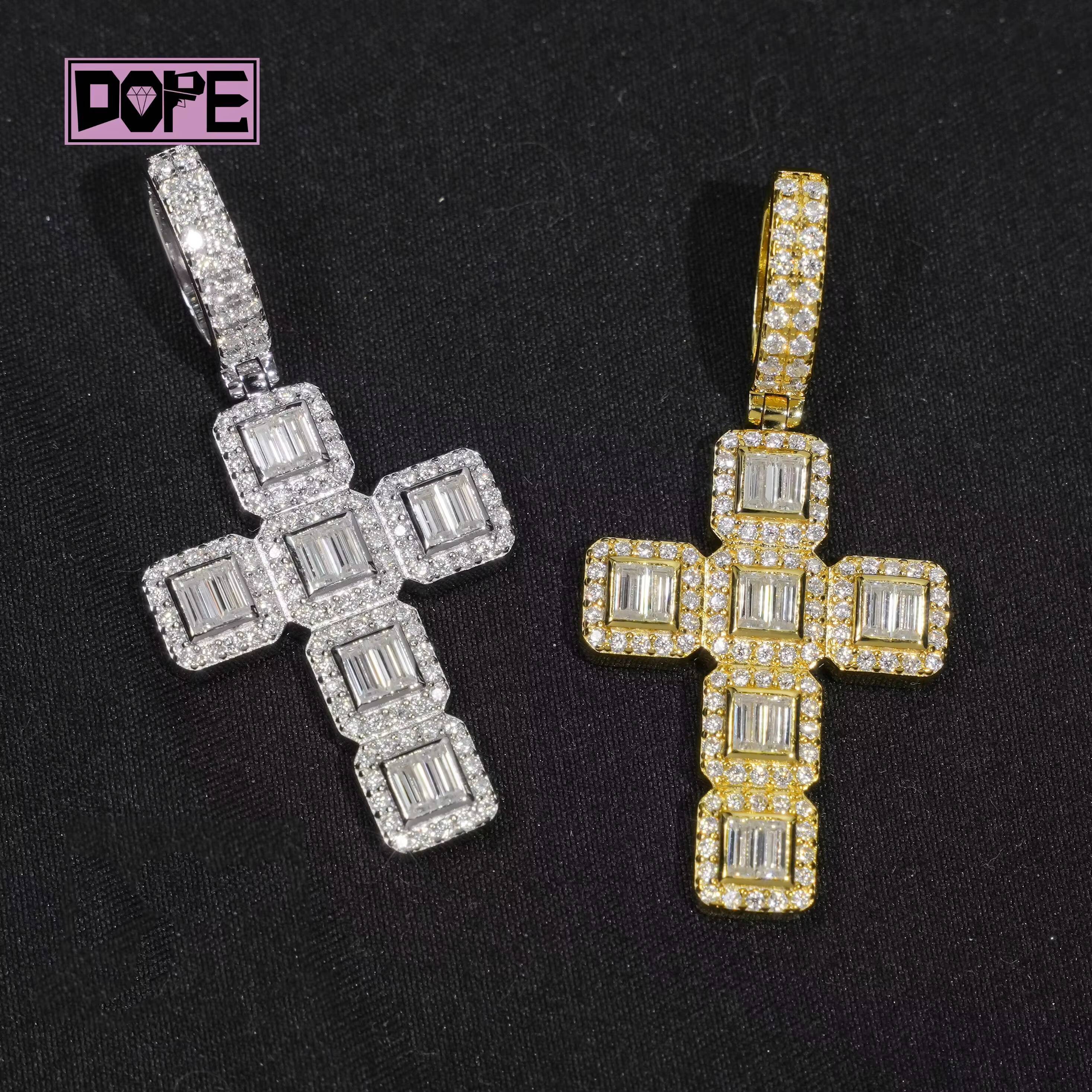 Wholesale Moissanite Pendant 925 Silver Hip Hop VVS Cluster Inner Baguette Cross Charm Moissanite Cross Pendant