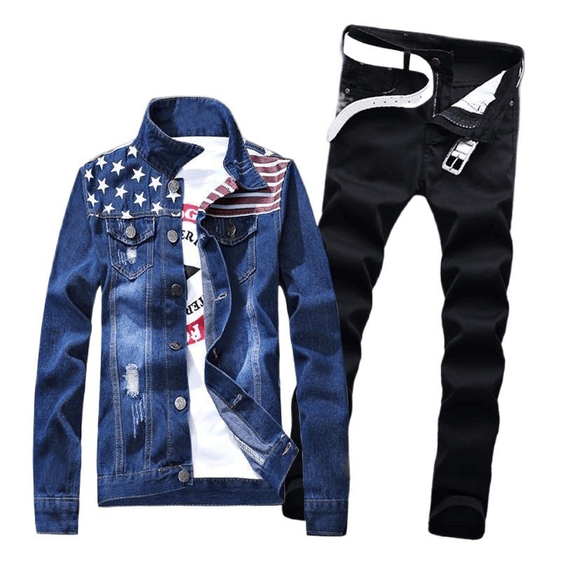 Fashionable mens washed denim jacket jeans pants 2-piece set decal long sleeved jacket casual slim fit mens clothing S-XXXL autumn 240824bj