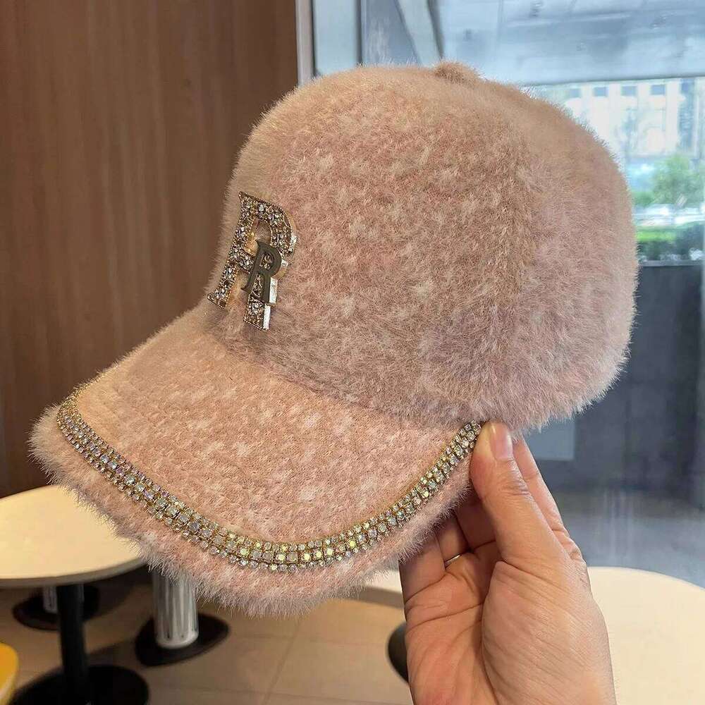 Rhinestone Alphabet Baseball Children Autumn and Winter Warm Hat Korean Version Fashion Versatile Mink Hair Cap Ins Y260115
