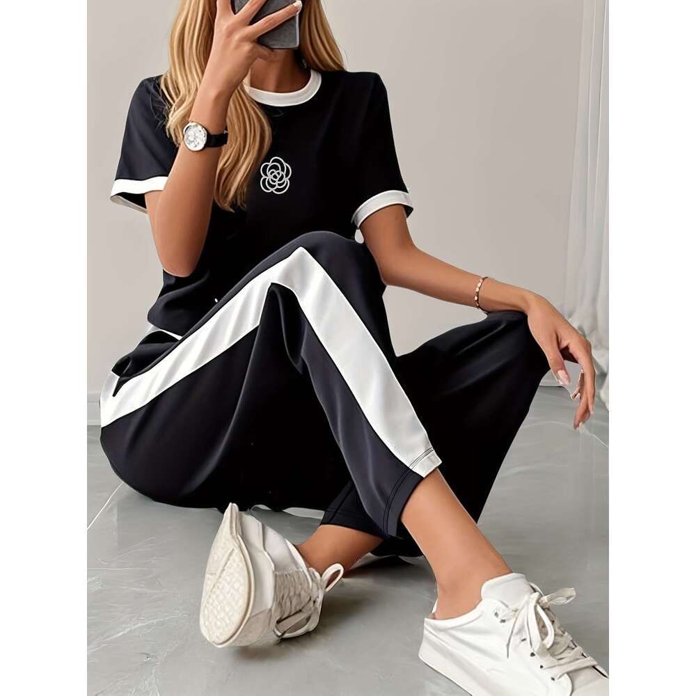 Women's Leisure Sports Suit New Two-piece Set High Waist Pants fashion Sports Sets Short sleeved sportswear, casual wear, wide leg pants