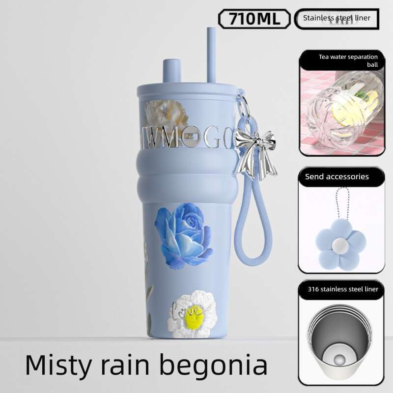 Floral Print Stylish Straw Insulated Water Bottle Large Capacity Portable For Women On The Go Car Friendly Ceramic Liner