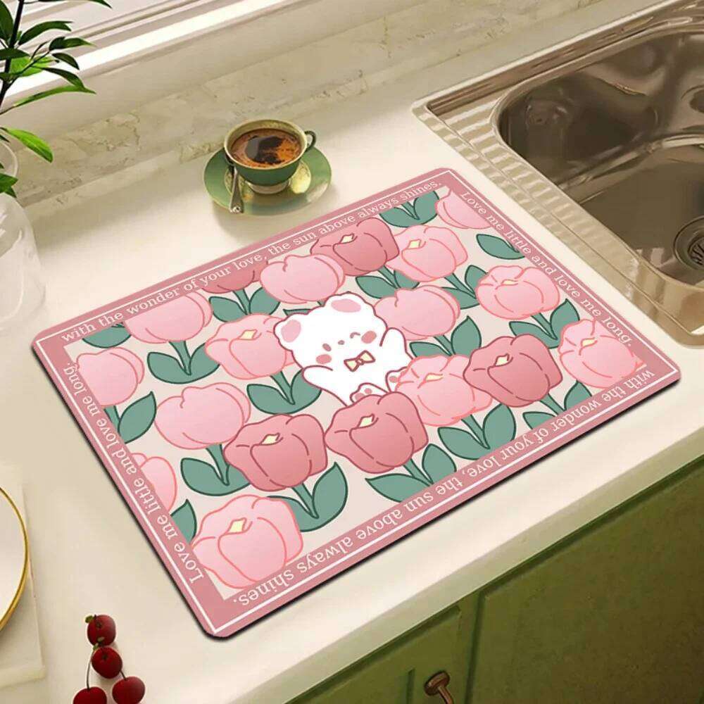 White tulip tableware dry soft drainage mat, high water absorption and wear-resistant coffee machine mat, kitchen table decoration mat
