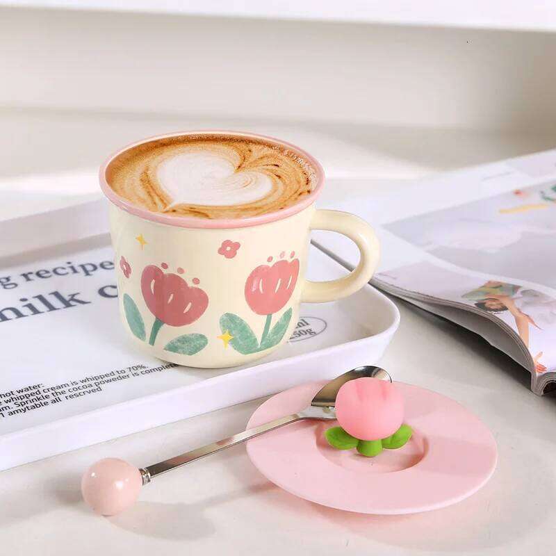 Creative Coffee Mug with Tulip Flower Design Ceramic for Women Aesthetic Ins Style Breakfast Cup