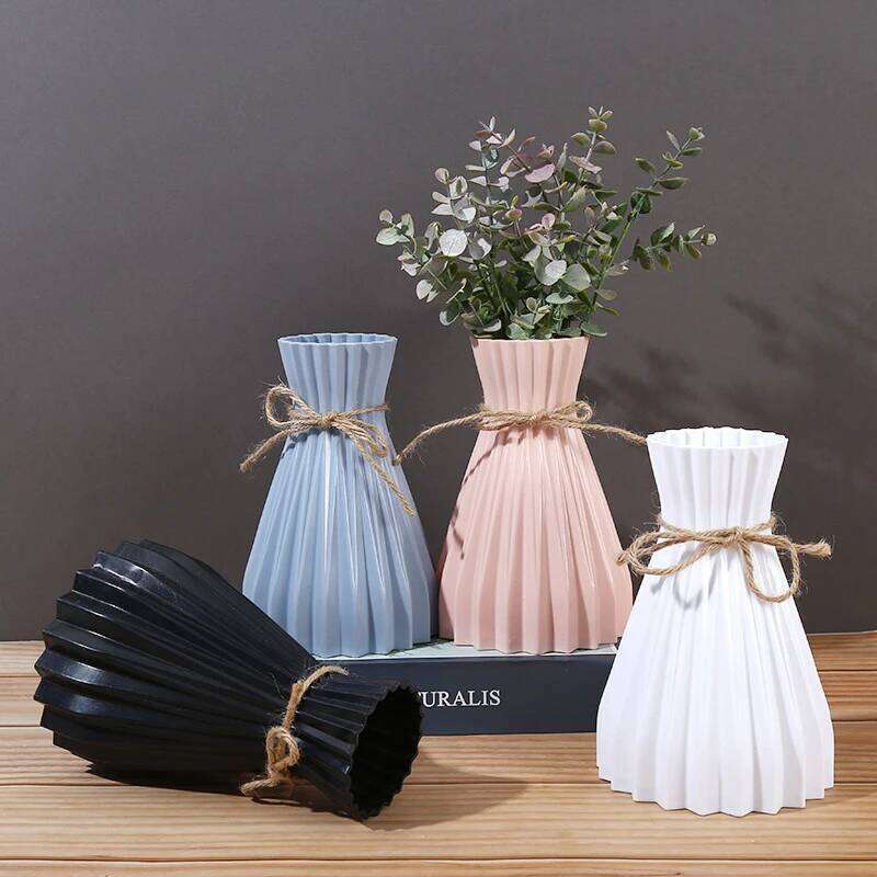1Pc Narrow Waist Origami Striped Tabletop Simple Home Decor Creative Twine Bow Imitation Ceramic Plastic Flower Vase C260116