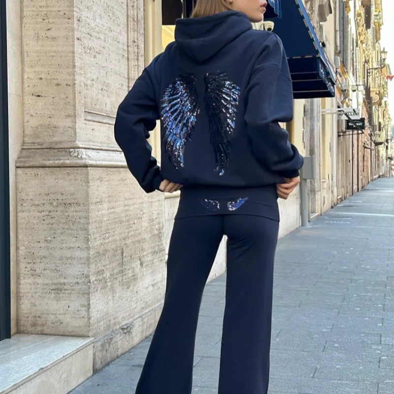 Women Fashion Sequin Angel Wings Printed Hoodies Casual Long Sleeved Hooded Solid Color Tops High Street Y2k Outwear 260116