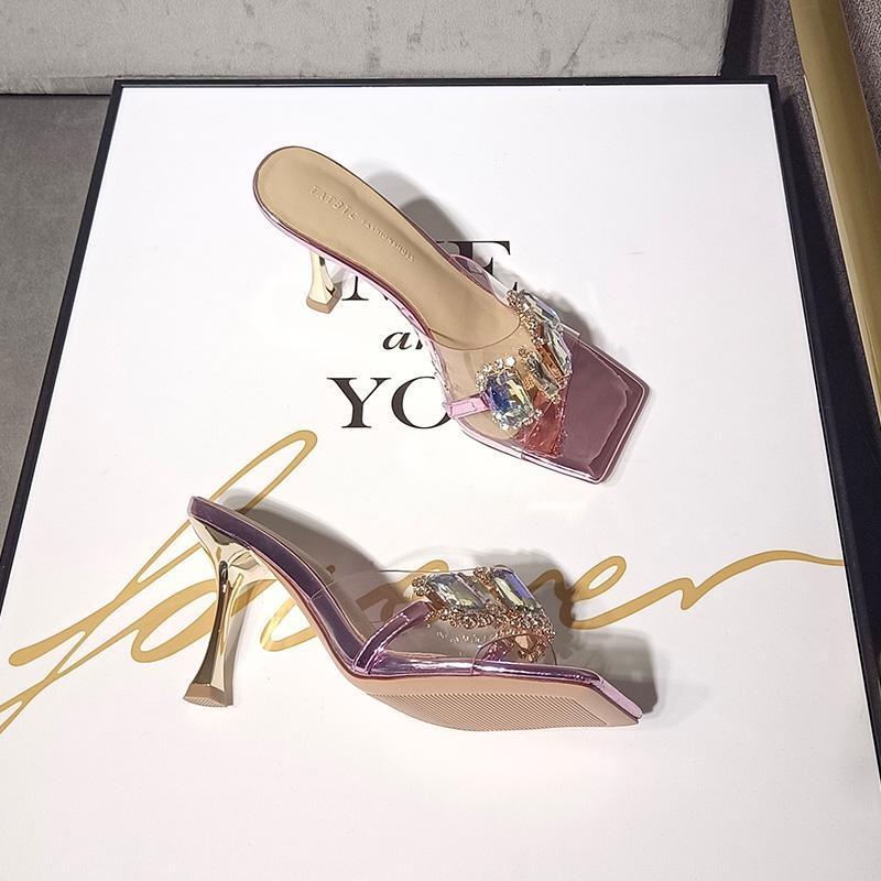 New Design 2026 Hots Women's Rhinestone Clear Strap Heeled Mules Silver/Champagne Square Toe Sandals