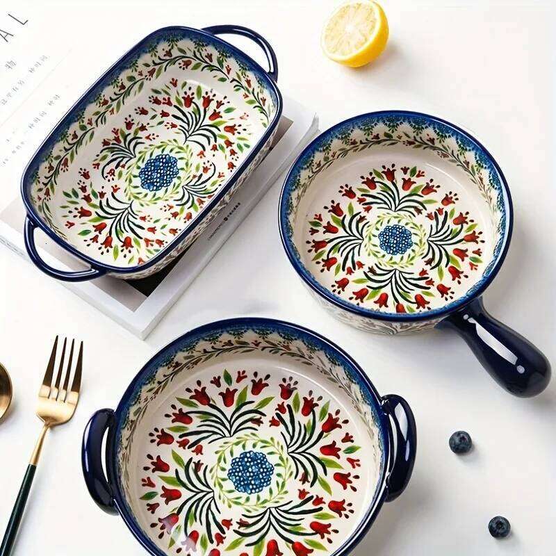 Dining Room Tableware Vintage Style Casserole Dish, All-Season Oven Baking Pan with Handles, Microwave Safe Ceramic Kitchenware for Living Room
