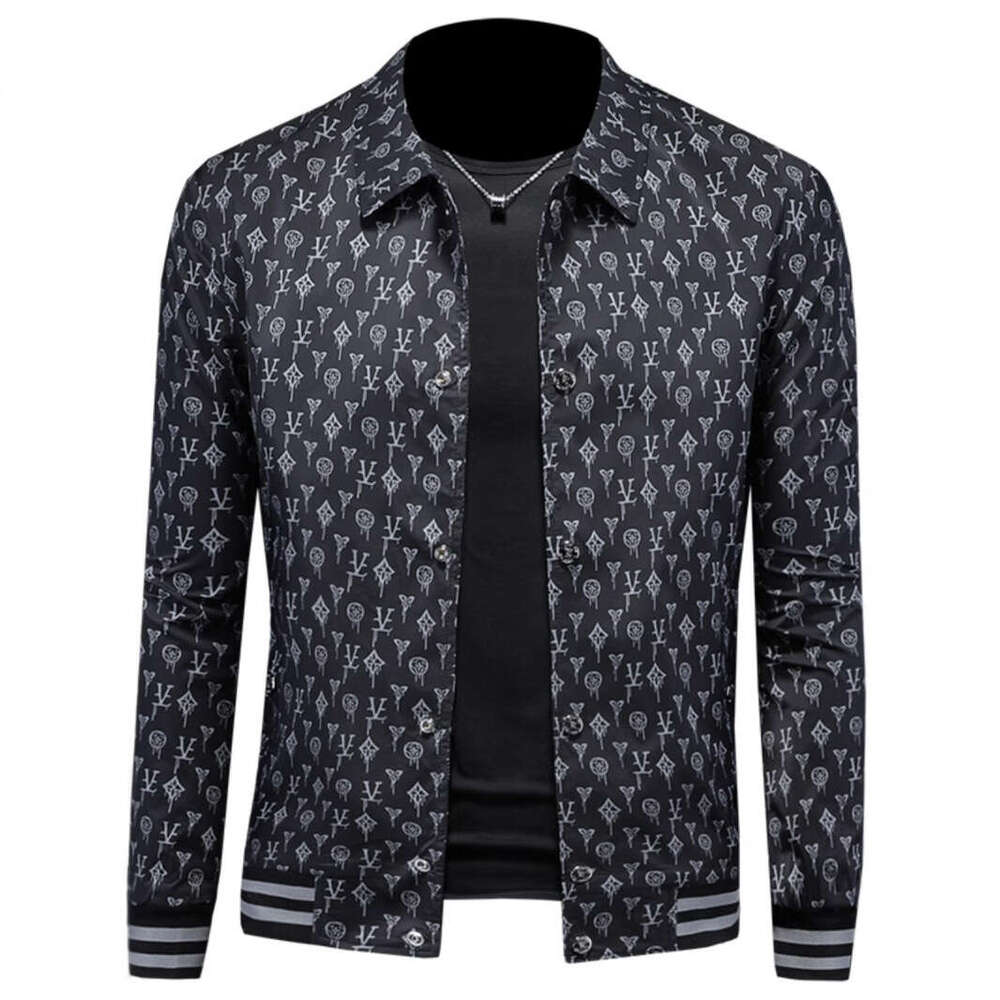 Spring And Autumn Coat European High-End Turn-Down Collar Printed Jacket Trendy Handsome Casual Men's Clothing