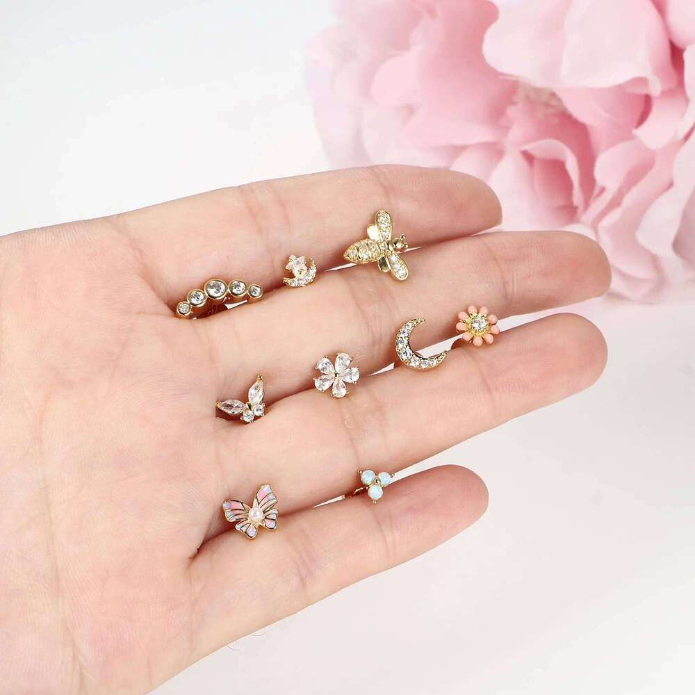 Valentine's Day Drperfect 1pc Cartilage Earrings Stud for Women Surgical Steel Flat Back Earring Butterfly Flower Tragus Helix Pierc 26H0115
