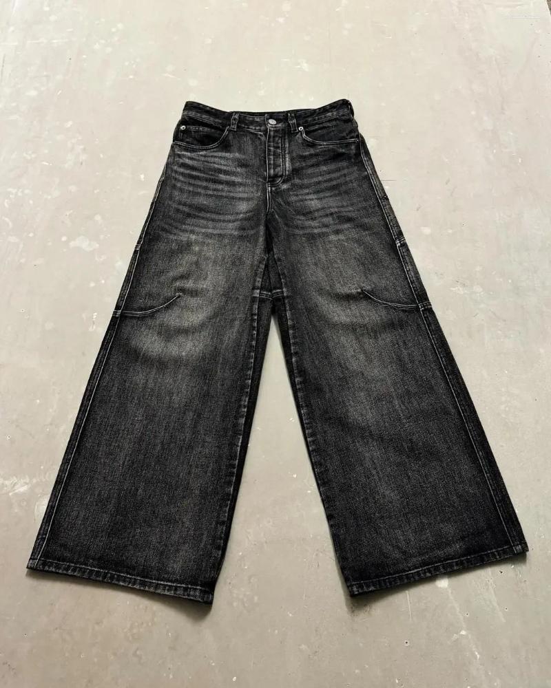 Men's Jeans Harajuku Trendy Black Straight Pant Y2K Wide Leg Pants Unisex Streetwear Washed Retro Baggy Goth Hip-hop Personality