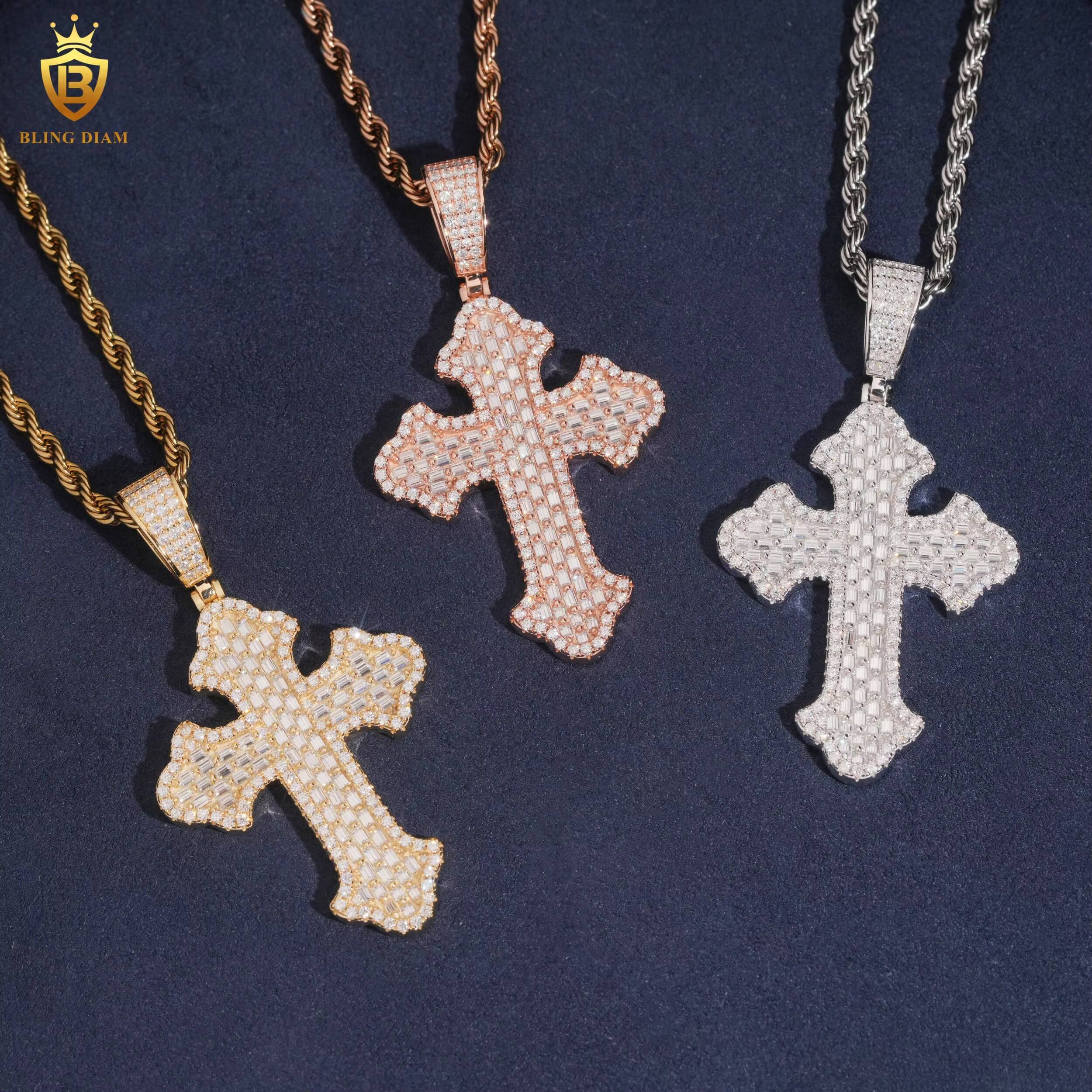 925 Silver Hiphop Cross Pendant Charms Necklace Baguette Cut Moissanite Pendant Pass Diamond Test Fashion Pendants Charms