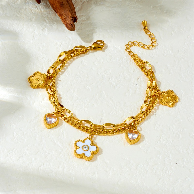 Trendy Minimalist Zircon Heart White Shell Flower Double Layer Stainless Steel Chain Bracelet for Women