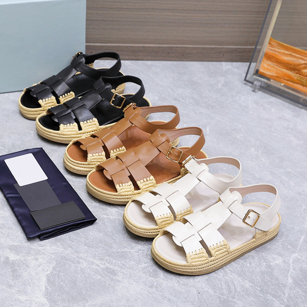 Mirror Quality Fisherman Espadrille Sandals Designer Women Shoes Raffia Sandales Slipper Brown Leather Mules 1035