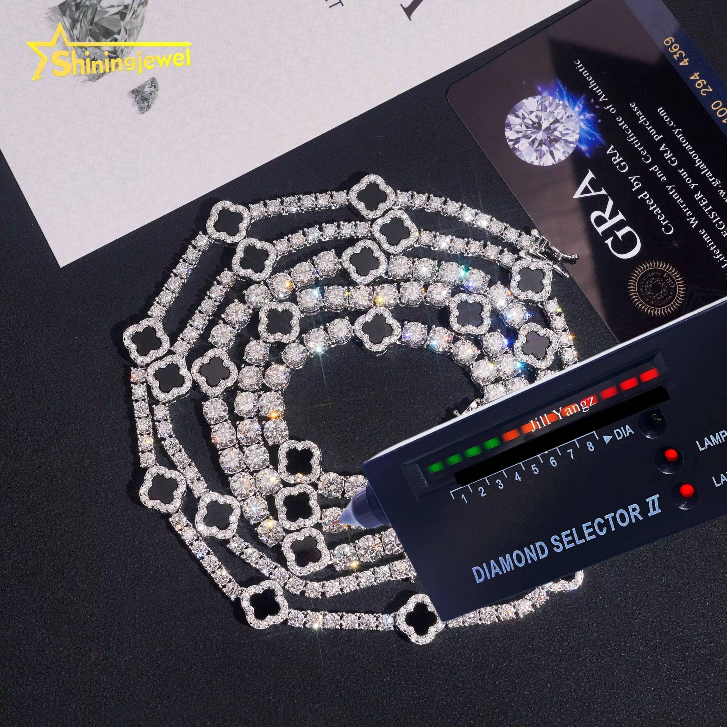 Ready Stocks 3mm 5mm Black Agate Clover Moissanite Tennis Necklace Bracelet Tennis Chain Moissanite 925 Solid Silver