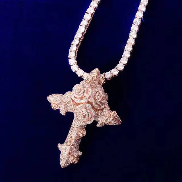 Fashion Hip Hop Cubic Zirconia Ice Out Rose Cross Pendant Necklace Men Women Trendy Jewelry