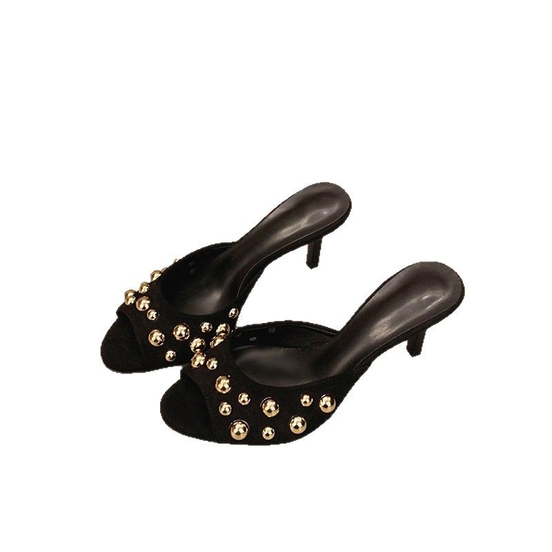2026 Studded Single Strap Stiletto Slides, Luxury Summer Heeled Sandals for Women, Versatile Outdoor Dressy Thongs