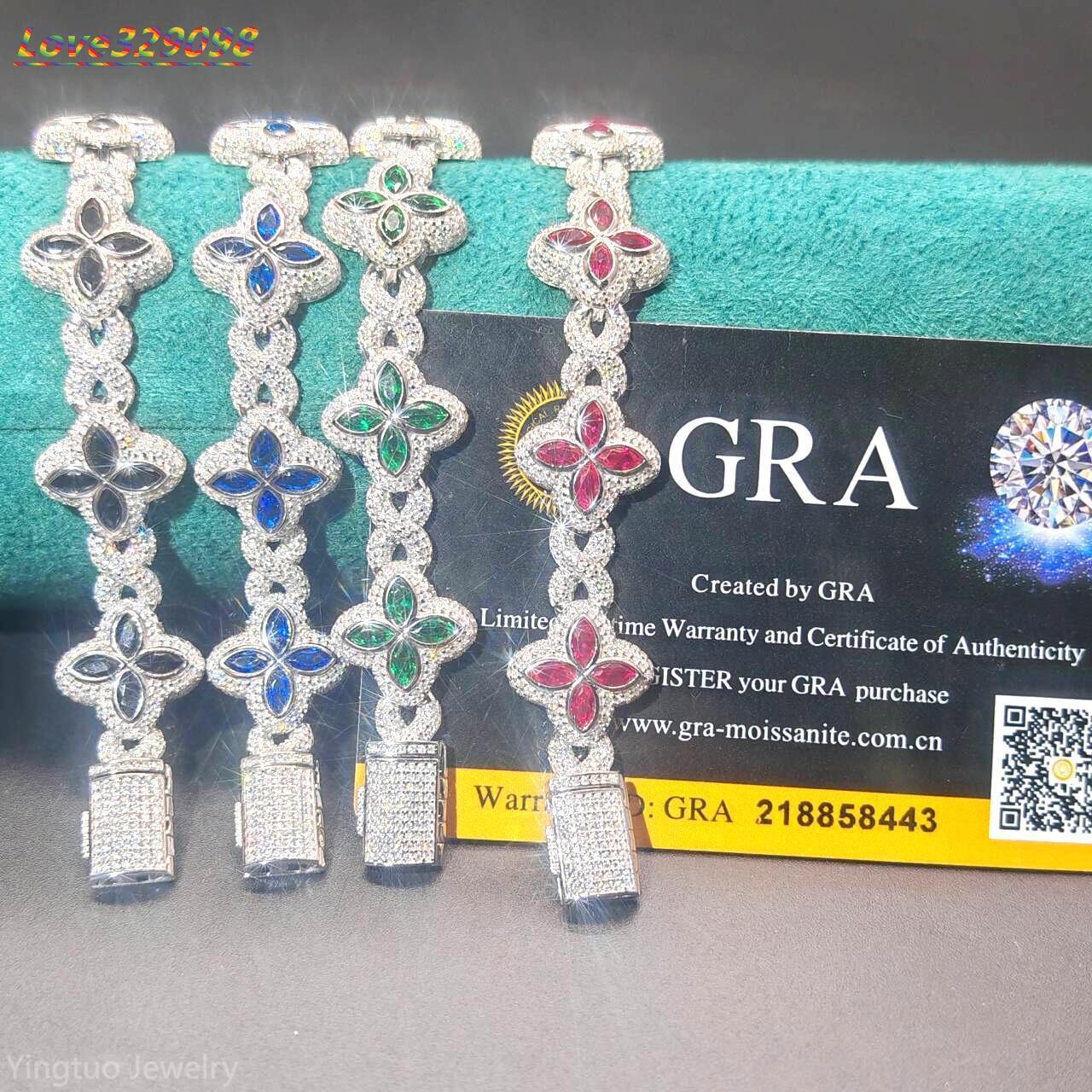Luxury Hip Hop Jewelry Colorful Moissanite Iced Out S925 Silver Cuban Clover Bracelet