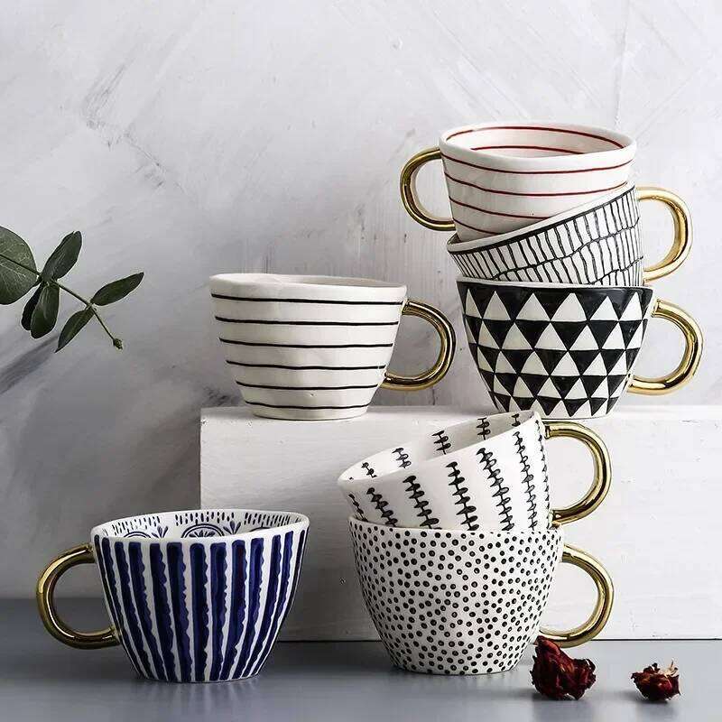 Hand Painted Geometric Ceramic Mugs With Gold Handle Handmade Irregular Cups For Coffee Tea Milk Oatmeal Creative Birthday Gifts