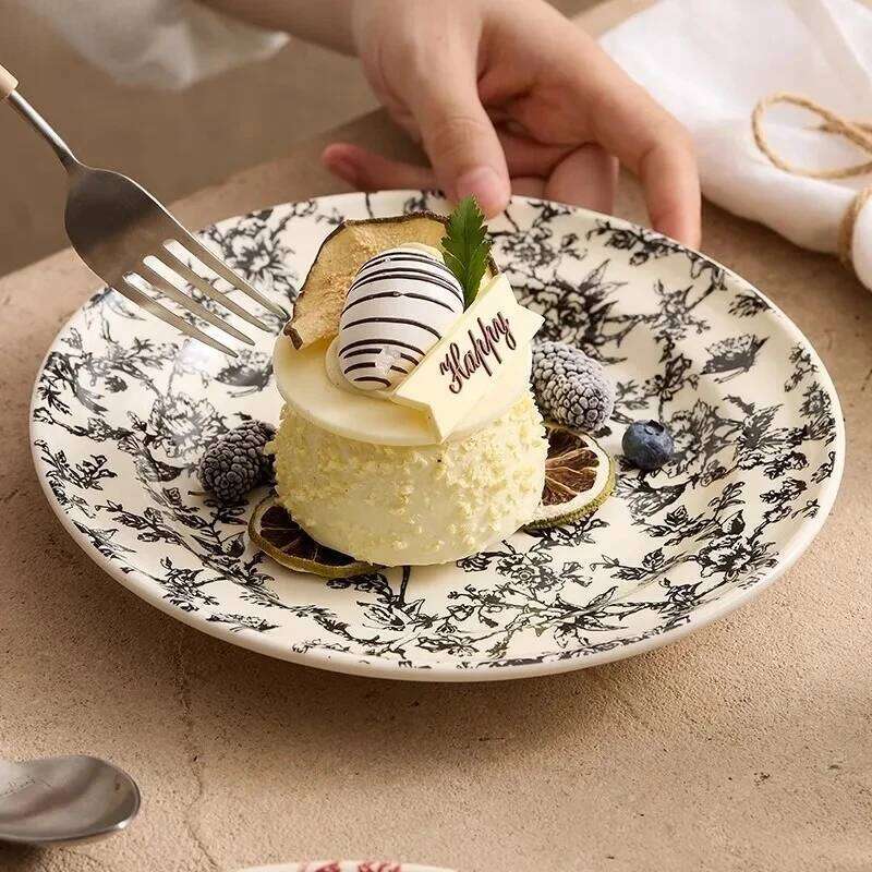 Vintage Floral Pattern Ceramic Shallow Round Dessert Steak Salad Dish Barbecue Plate Hotel Creative Tableware