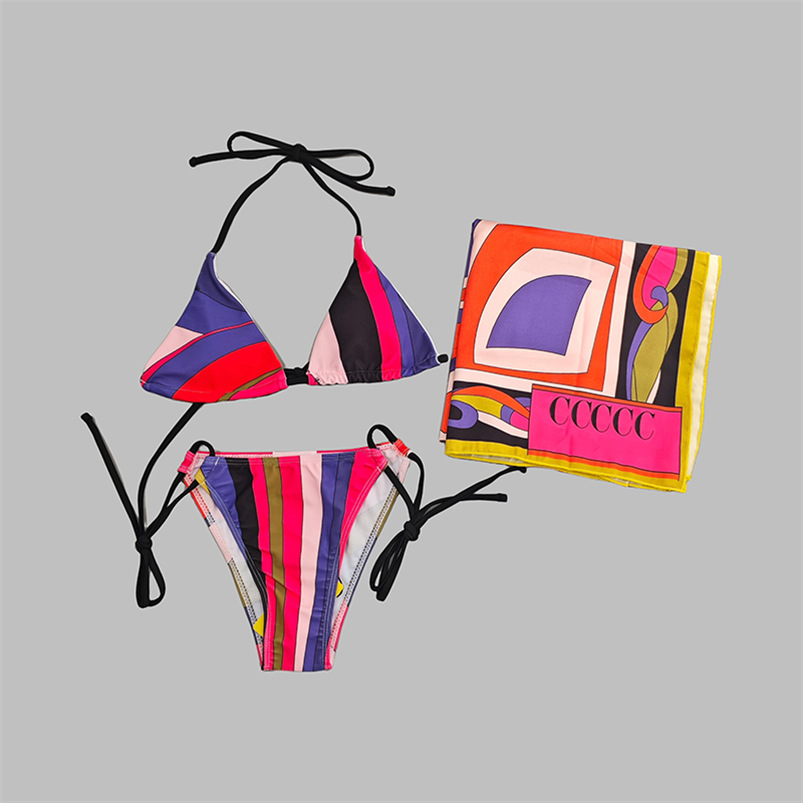 Luxury Multicolored Bikini Set For Women Designer Beach Bra Briefs Swim Suit With Cover Up Scarf Ladies Chic Swimwear Resortwear