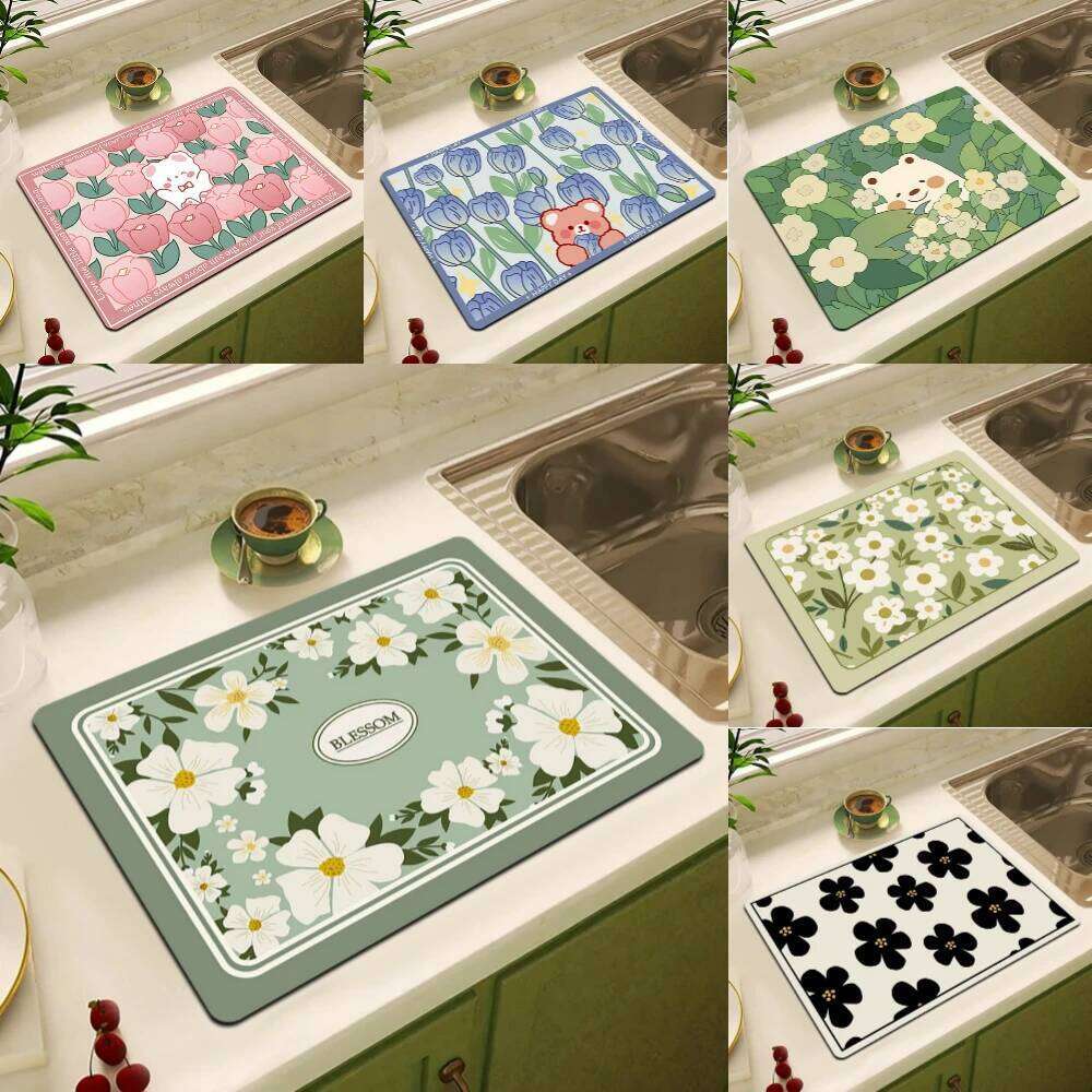 White tulip tableware dry soft drainage mat, high water absorption and wear-resistant coffee machine mat, kitchen table decoration mat