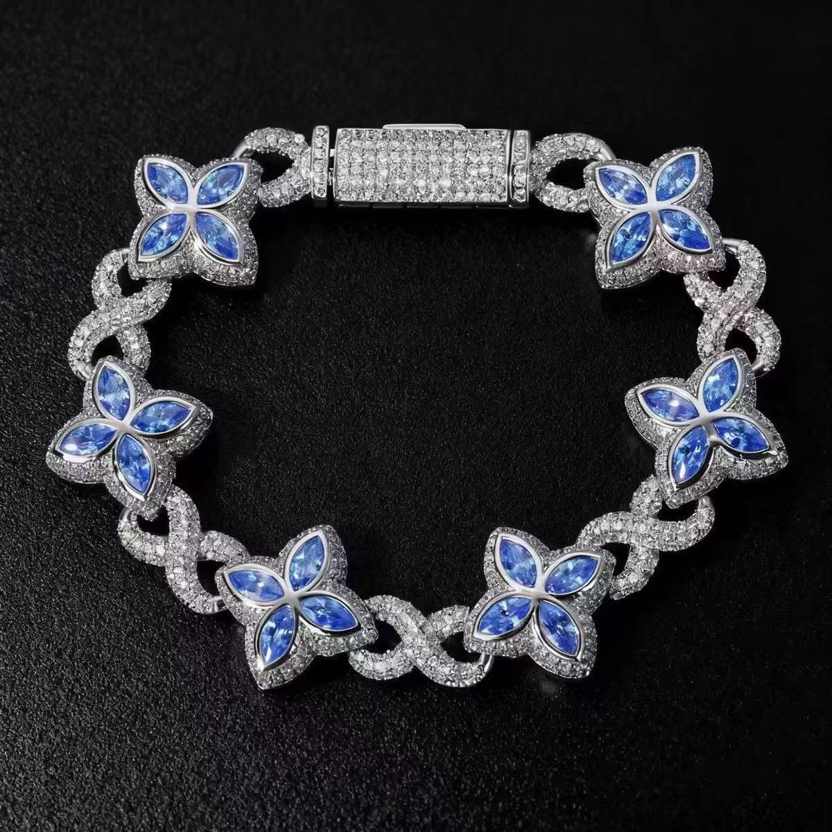 Fashion Style Unique Design Iced Out Hip Hop Jewelry S925 Silver Orange Moissanite Diamond Cleef Clover Infinity Cuban Bracelet