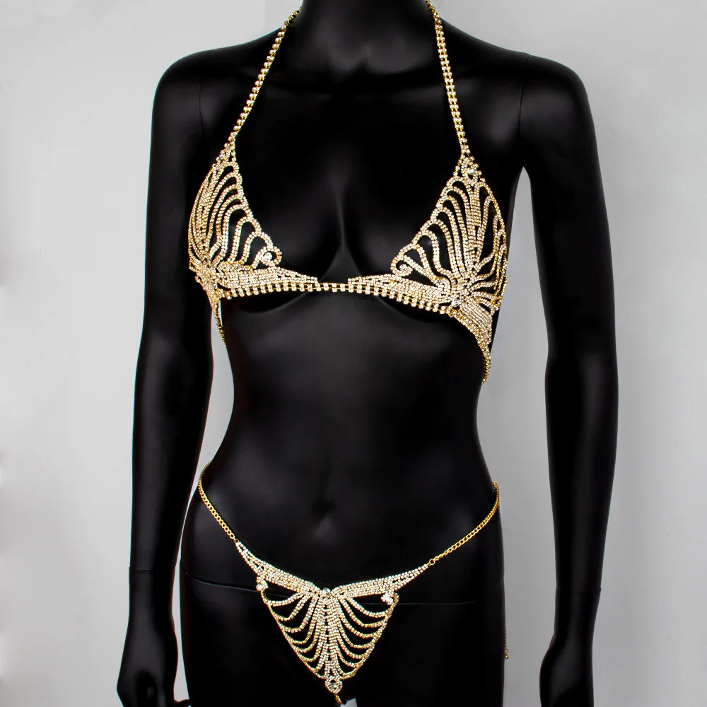 Diamond-encrusted Lingerie Body Chain Sexy Nightclub Rhinestone Chain Bra Thong Set 260109