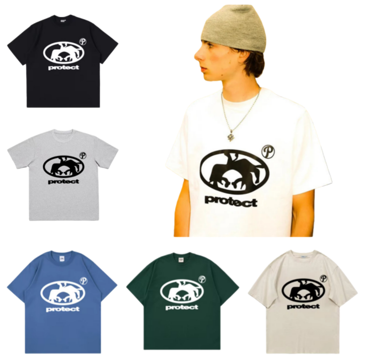 Men's T Shirts Y2K Protect T-shirt Vintage Kpop Street Fashion Print Unisex Short Sleeve Tops Casual Loose Drawstring Hip-hop Youth Retro Style W