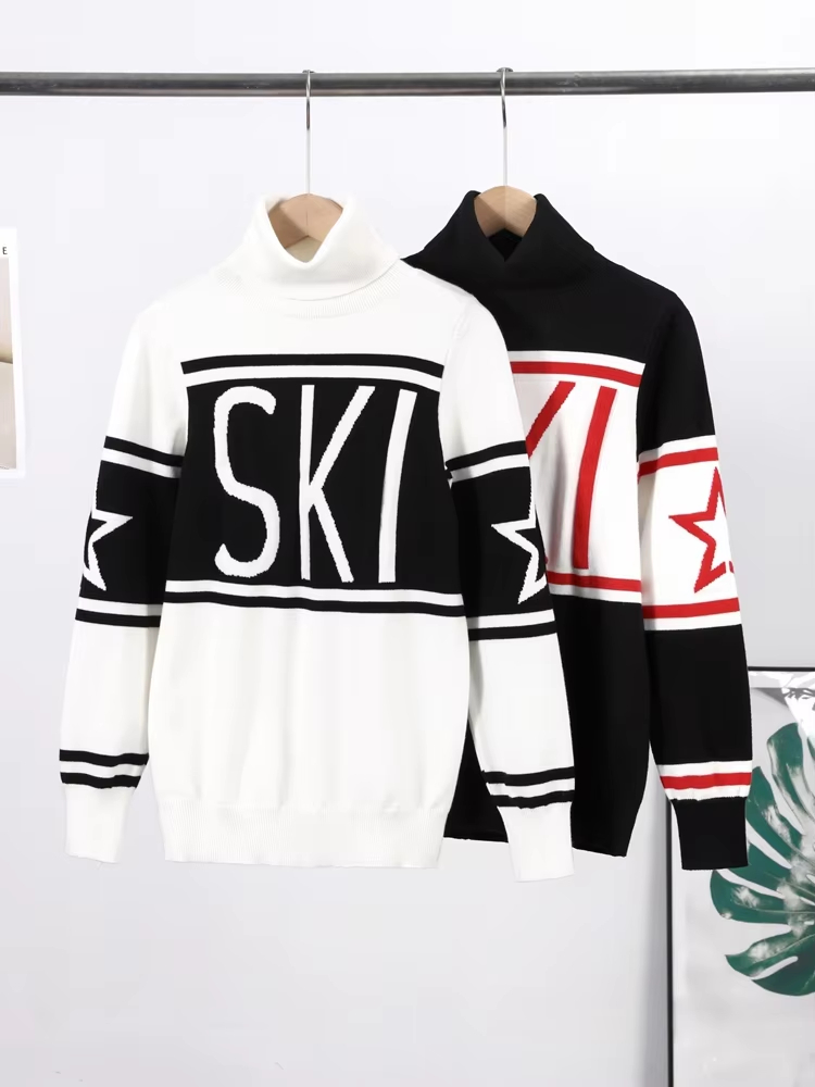 Ski Letter Star Contrast Turtleneck Sweater Women Loose Long Sleeve Knitted Snow Pullover Sweaters Spring Lady Warm Jumper