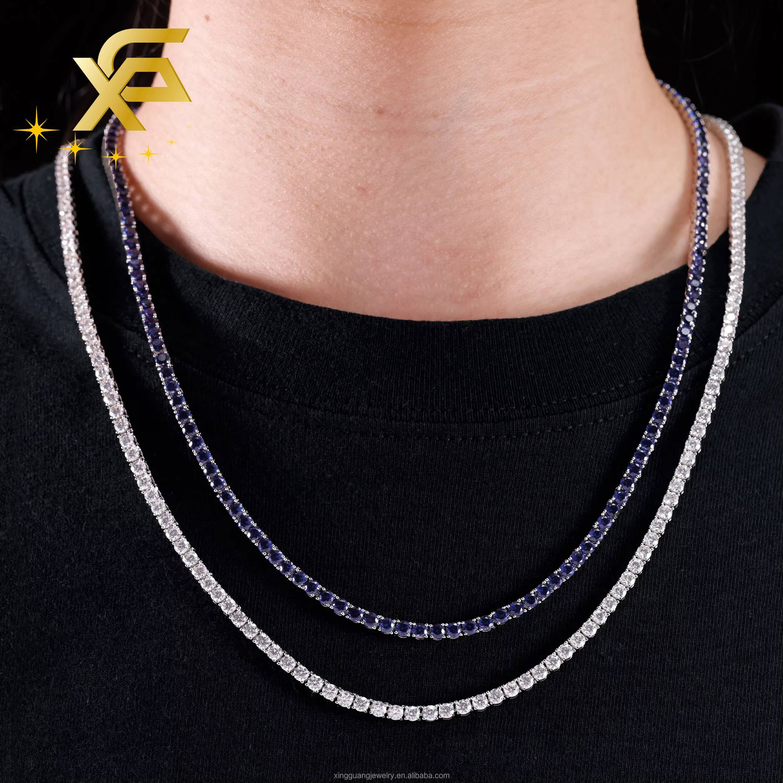 Fine Jewelry Blue Diamond Tennis Chain for Men Women 3mm Wide S925 Silver Blue Diamond Tennis Link Chain Necklace