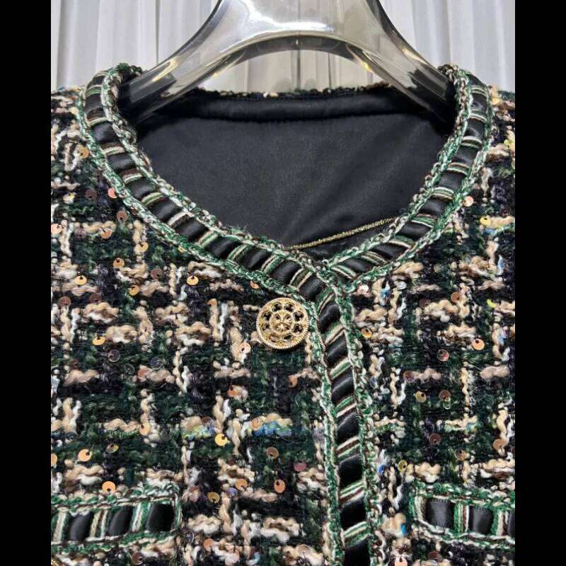 French Vintage Small Fragrance Jacket Women Spring Autumn High Quality Casual Loose Dark Green Tweed Long Sleeve Coat DREAM RECALL - view 5