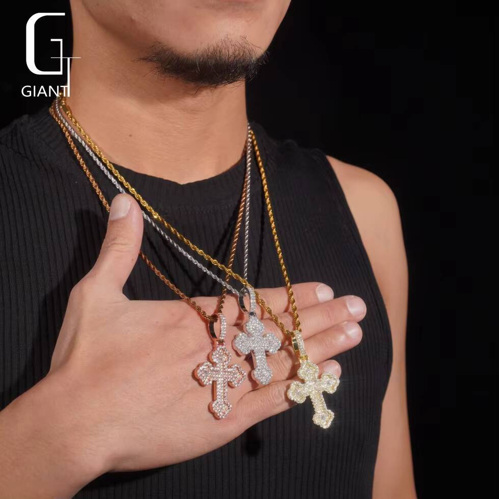 Rapper Hip Hop Round Brilliant Cut Moissanite Cross Pendant VVS Fine Jewelry for Men 925 Silver Moissanite Diamond Pendant