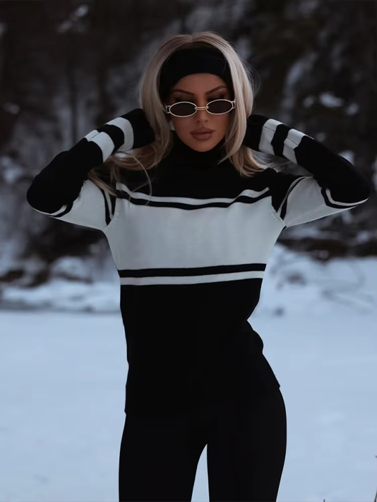 Ski Letter Star Contrast Turtleneck Sweater Women Loose Long Sleeve Knitted Snow Pullover Sweaters Spring Lady Warm Jumper