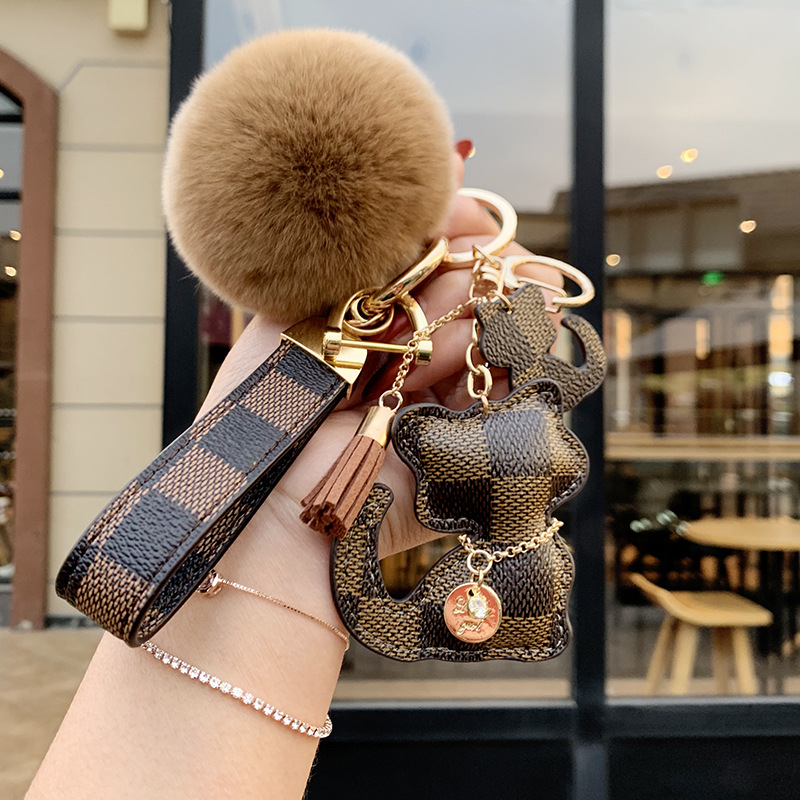 keychains Fashion 2026 Cute Cat and Bear Keychain Checkered PU Leather Fur Pom-pom Wrist Strap Tassel Coin Bag Car Decor