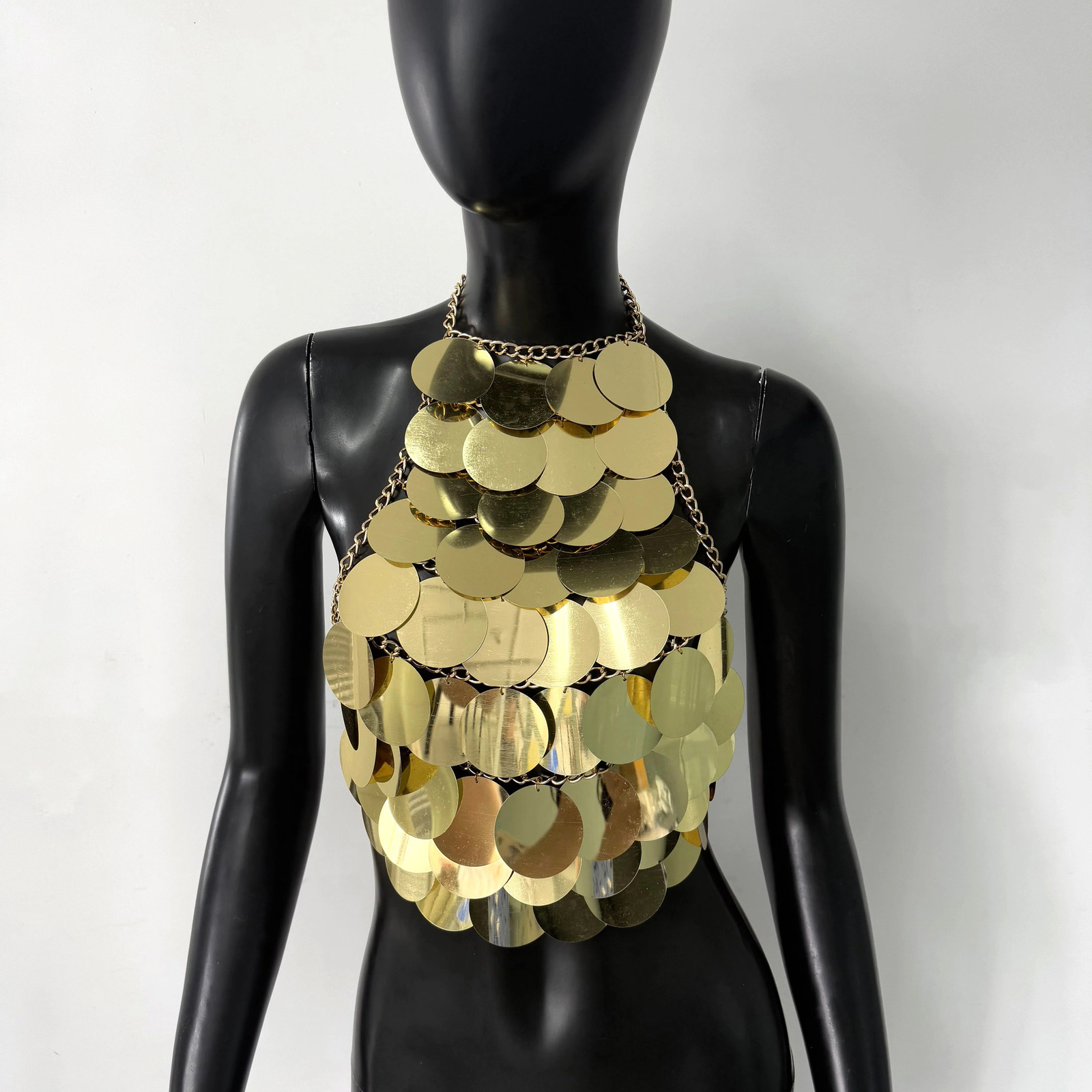 AKYZO European and American fashion sequin suspender sexy vest hand stitched gold circular hanging neck suspender top 260116