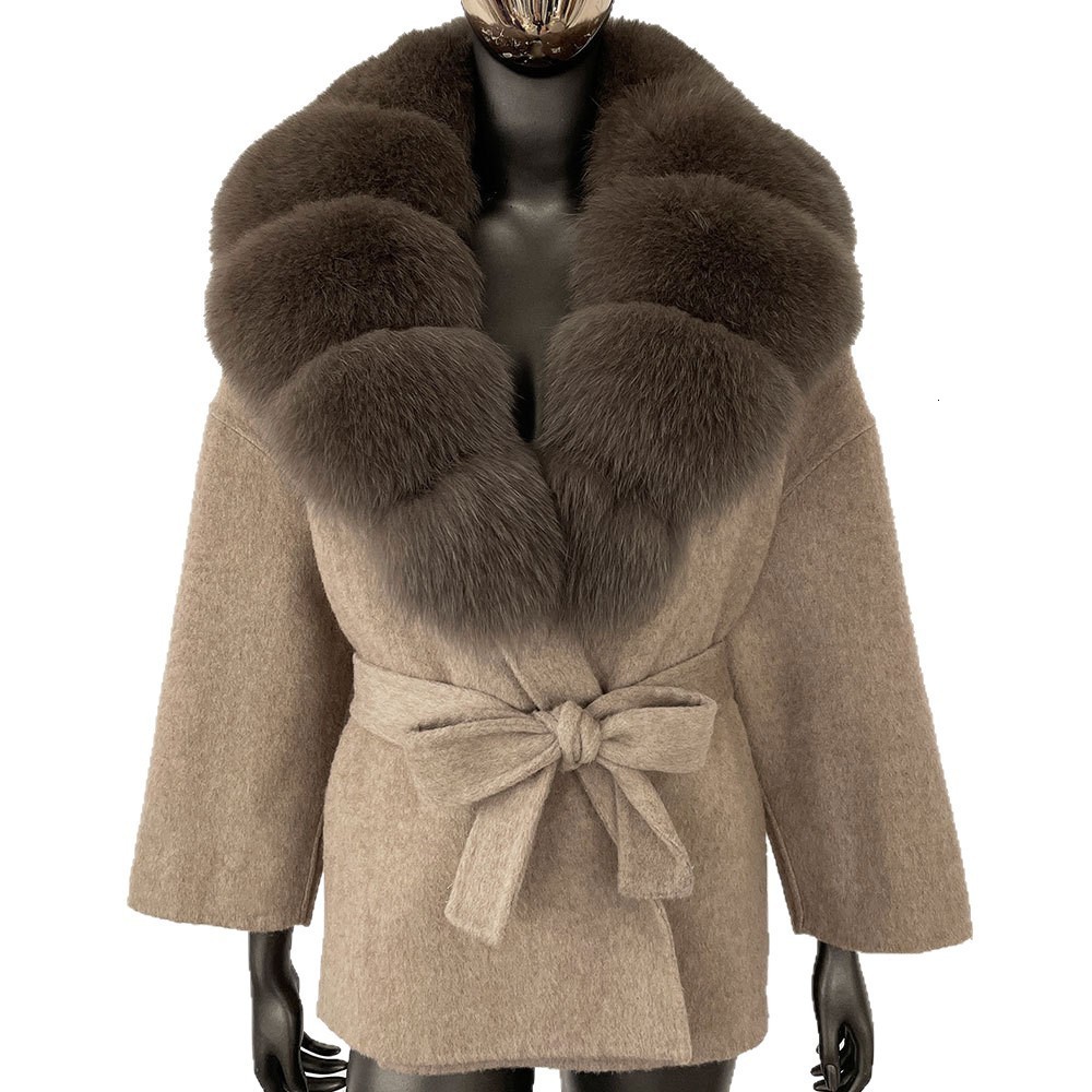 Janveny Large Real Silver Fox Fur Hooded 2025 Autumn Winter Woolen Blends Coat Women Loose Thick Female Wool Jacket With Belt 251103