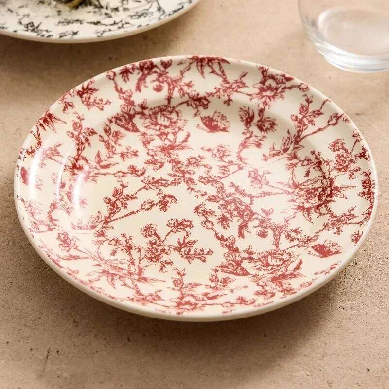 Vintage Floral Pattern Ceramic Shallow Round Dessert Steak Salad Dish Barbecue Plate Hotel Creative Tableware