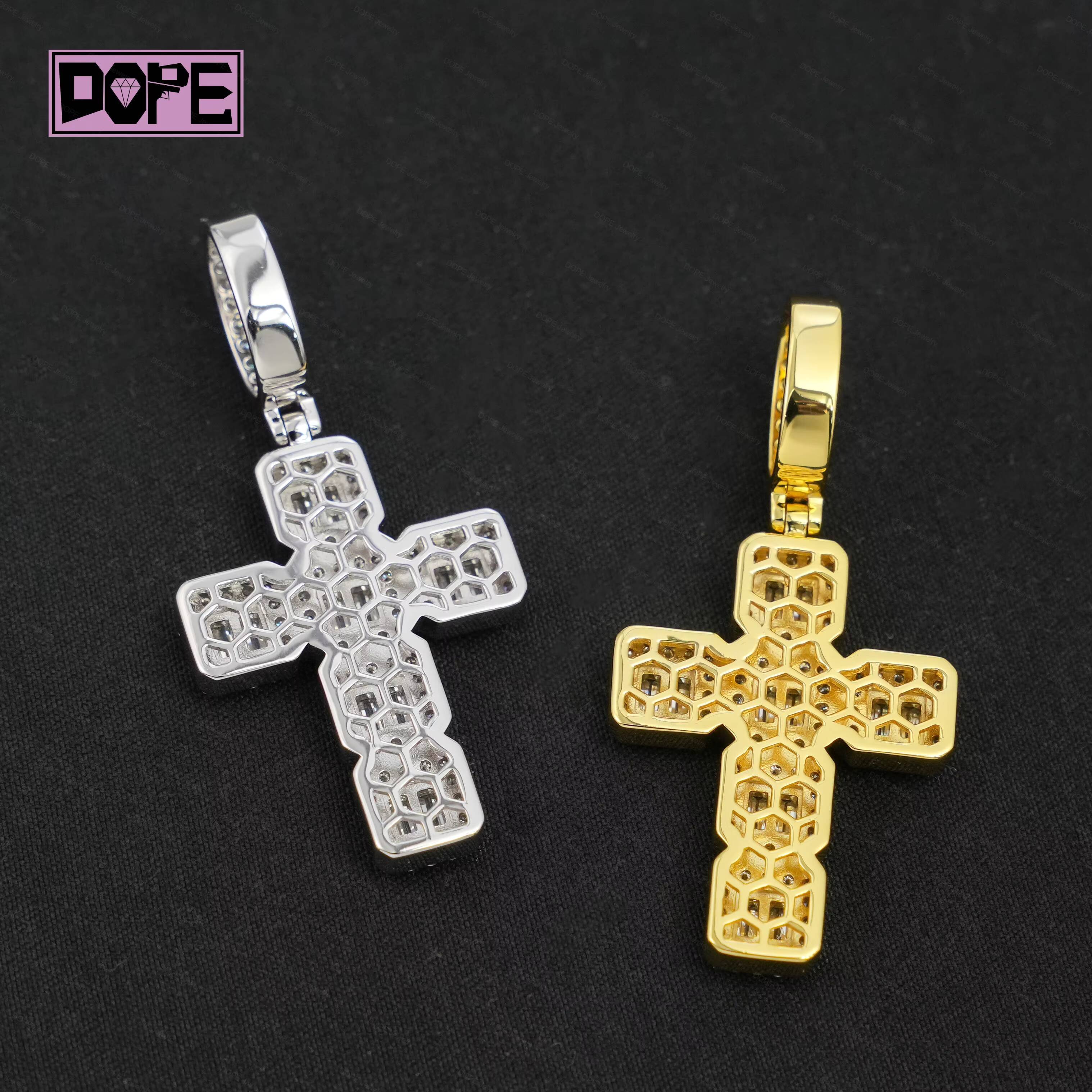 Wholesale Moissanite Pendant 925 Silver Hip Hop VVS Cluster Inner Baguette Cross Charm Moissanite Cross Pendant