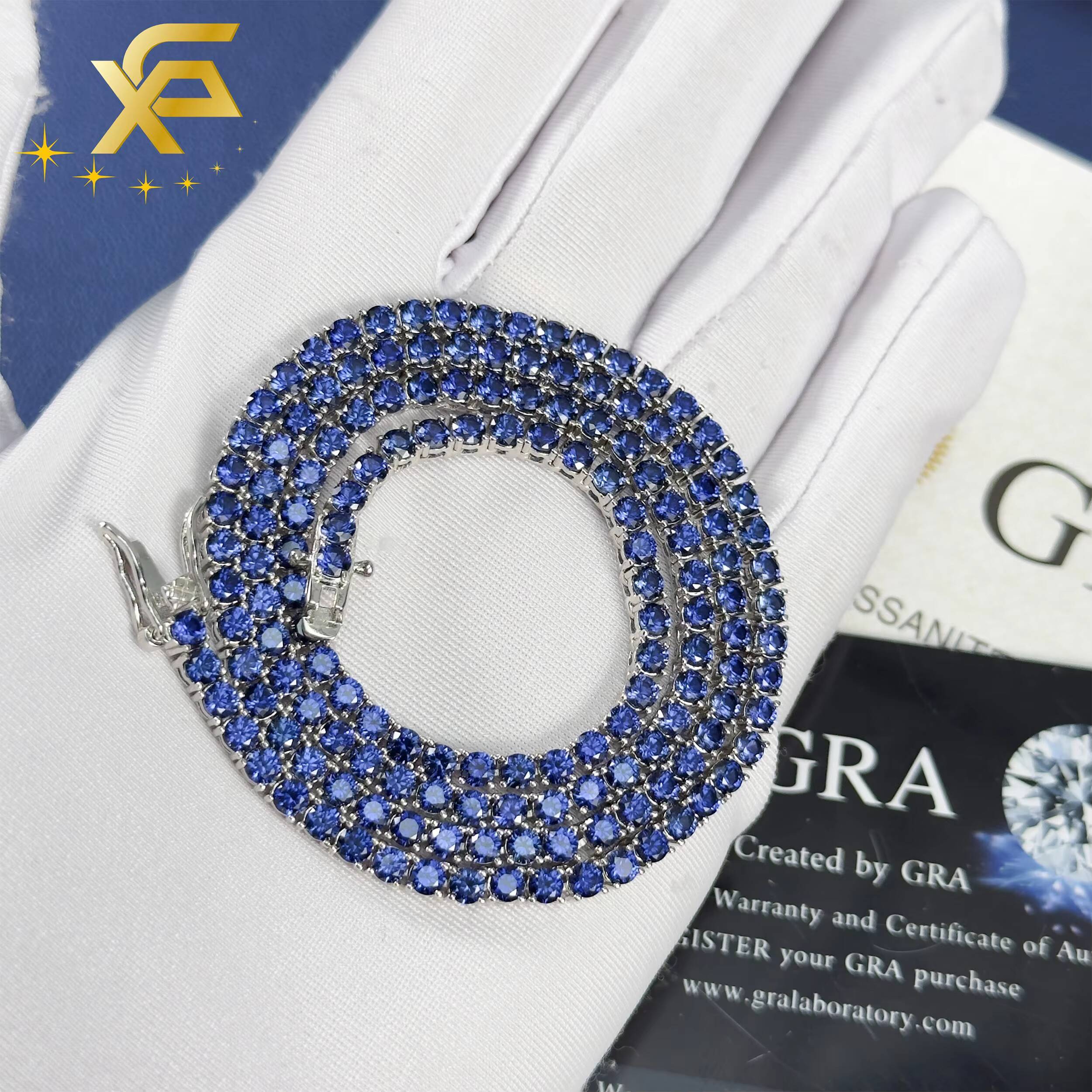 Fine Jewelry Blue Diamond Tennis Chain for Men Women 3mm Wide S925 Silver Blue Diamond Tennis Link Chain Necklace