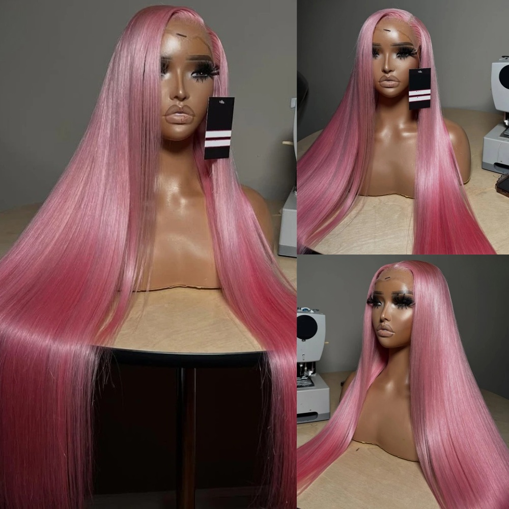 Pink Wig Bone Straight Human Hair Wigs 13X4 Pre Plucked HD Transparent Lace Front Wigs Glueless Wigs High Quality Synthetic Lace Frontal Wigs