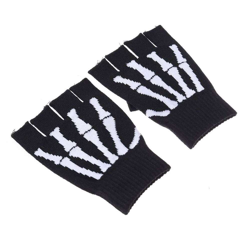 Halloween Hand Bone Cycling Unisex Pattern Knit Gloves Half Finger Glove Y260115