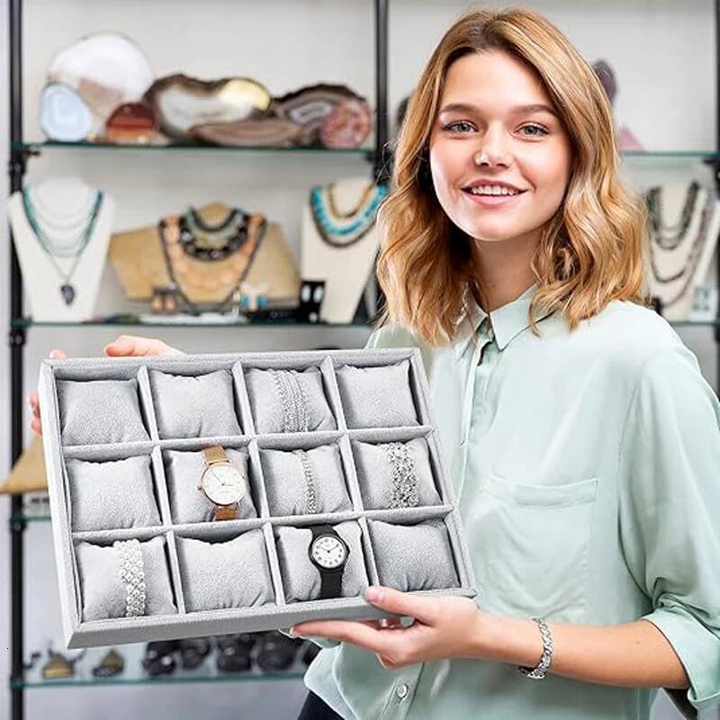 Velvet 12 Grid Stackable Jewelry Organizer with Adjustable Pillow,Watch Bracelet Bangle Necklace Display Tray for Store Counter ddmysept