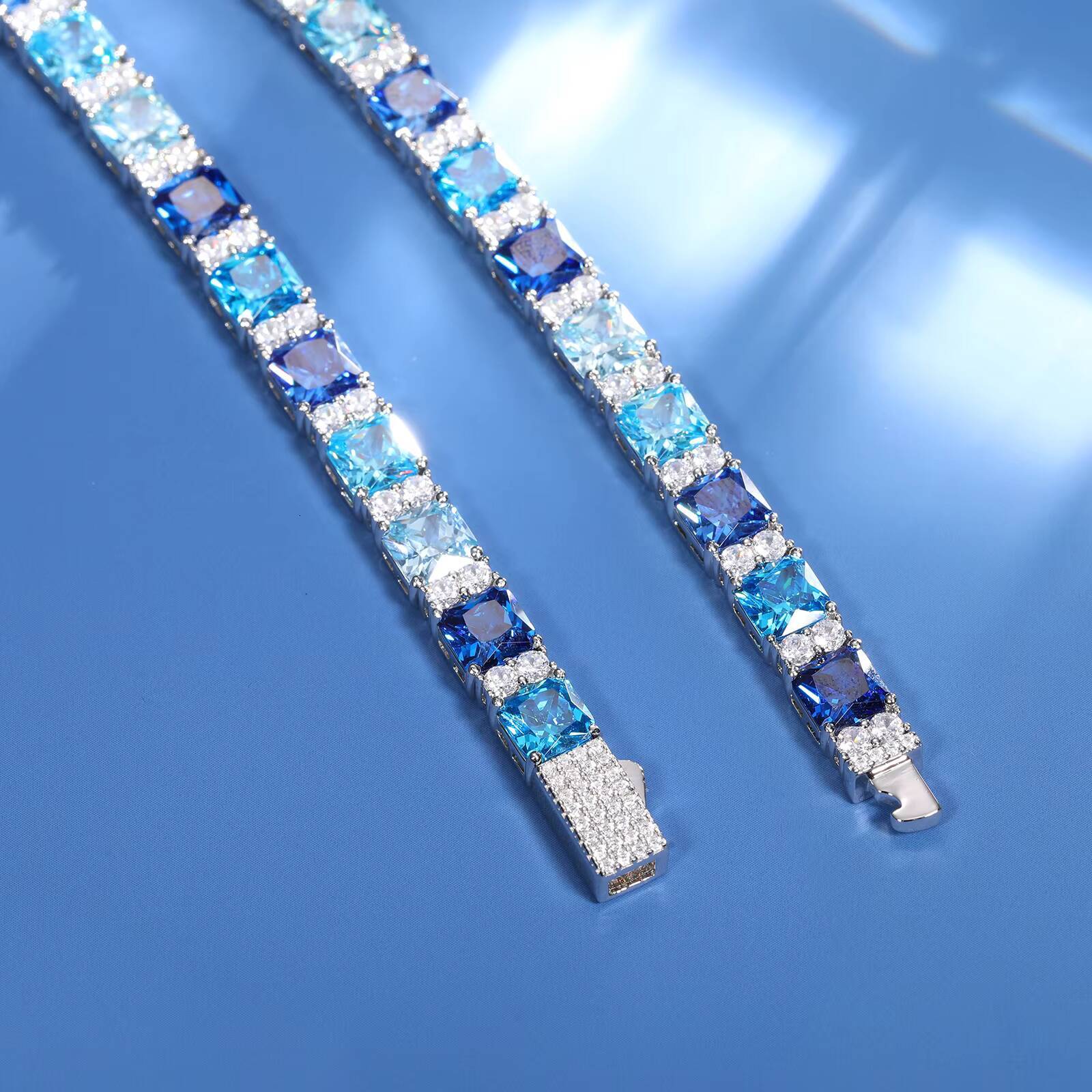 Dropshipping Trendy 65mm 925 Sterling Silver VVS Moissanite Diamond Asscher Cut Gradient Color Blue Gemstone Tennis Bracelet